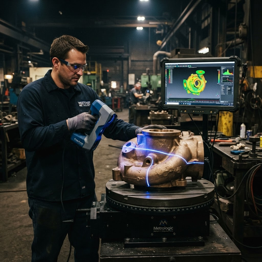 Technician 3D scanning a cast bronze pump housing for dimensional inspection