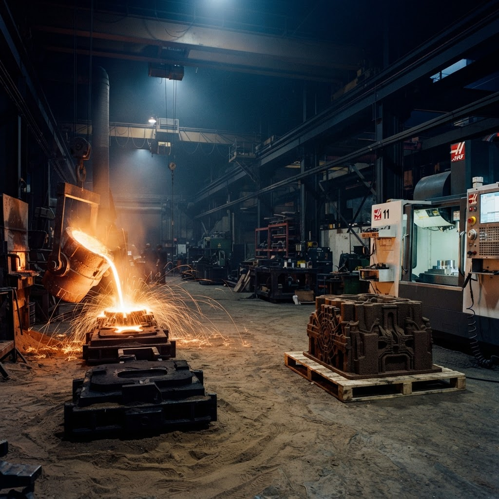 Molten bronze being poured alongside 3D printed sand molds at the Ironbound Castings foundry
